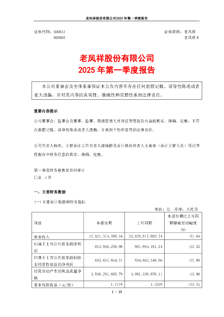 600612-老凤祥：老凤祥股份有限公司2025年第一季度报告