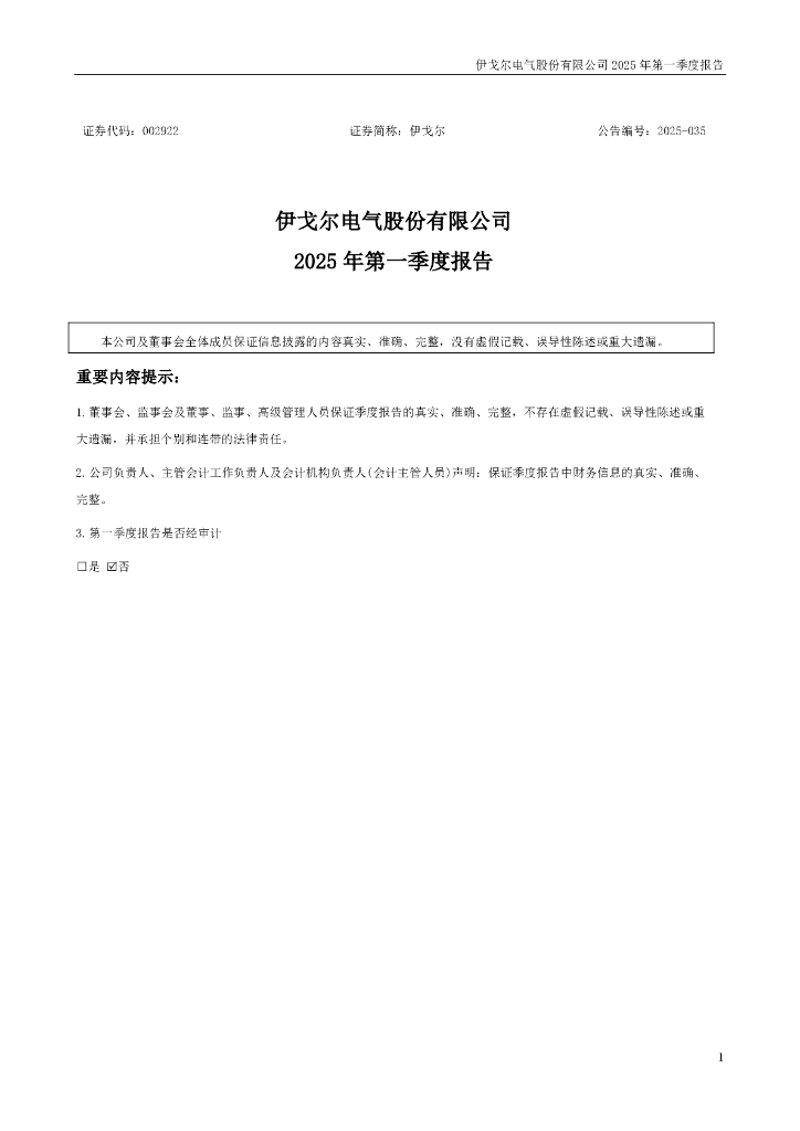 002922-伊戈尔：2025年一季度报告