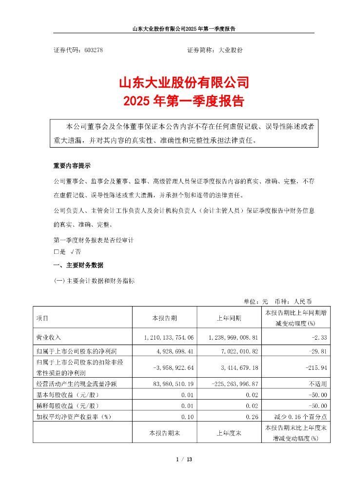 603278-大业股份：大业股份2025年第一季度报告