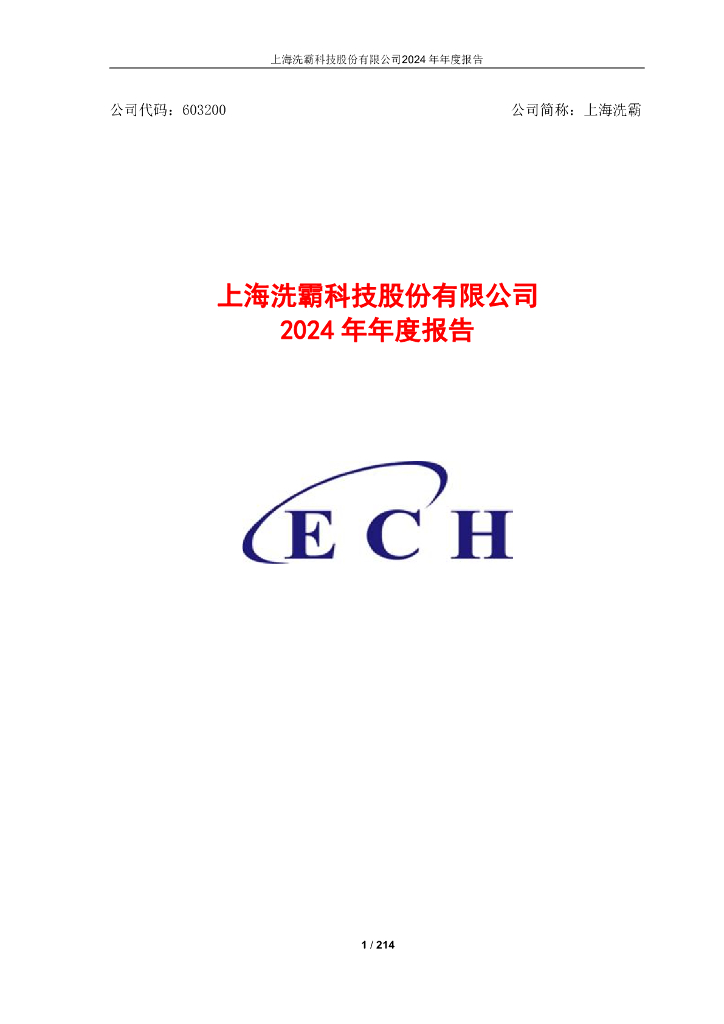 603200-上海洗霸：上海洗霸科技股份有限公司2024年年度报告