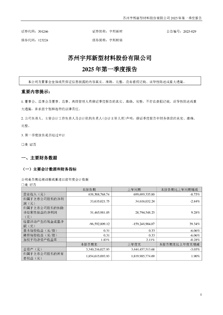 123224-宇邦新材：2025年一季度报告