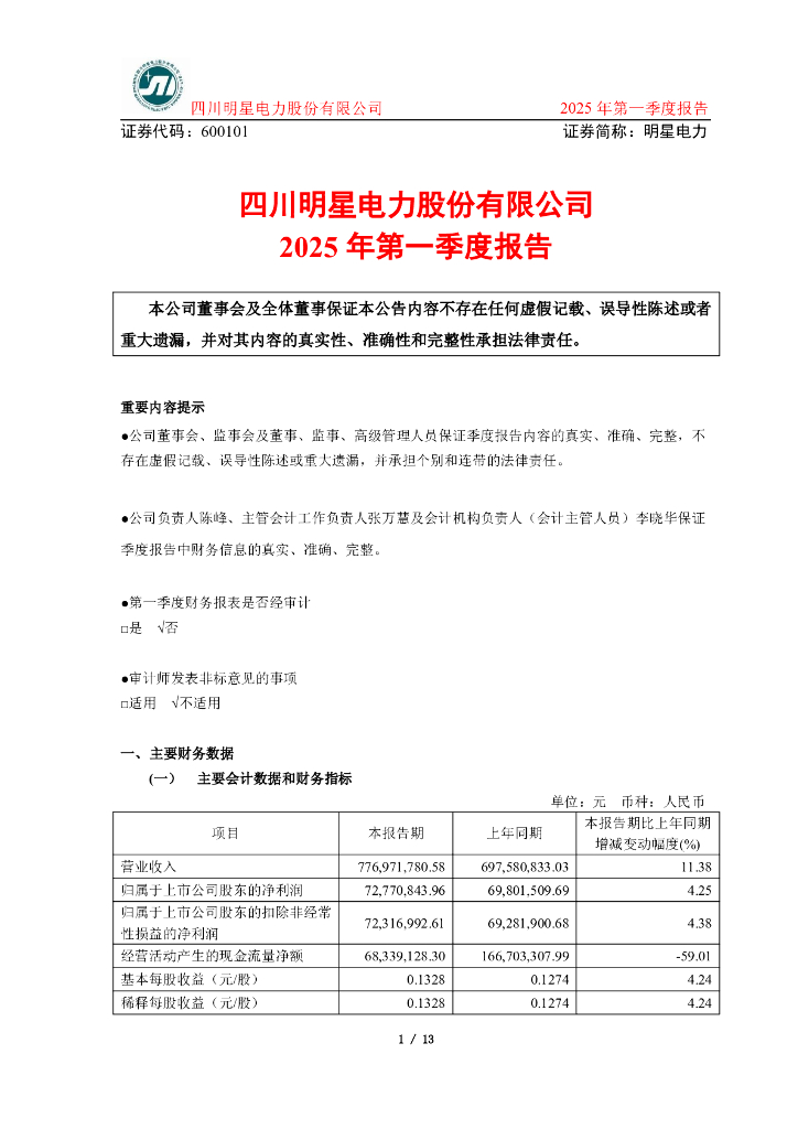 600101-明星电力：四川明星电力股份有限公司2025年第一季度报告