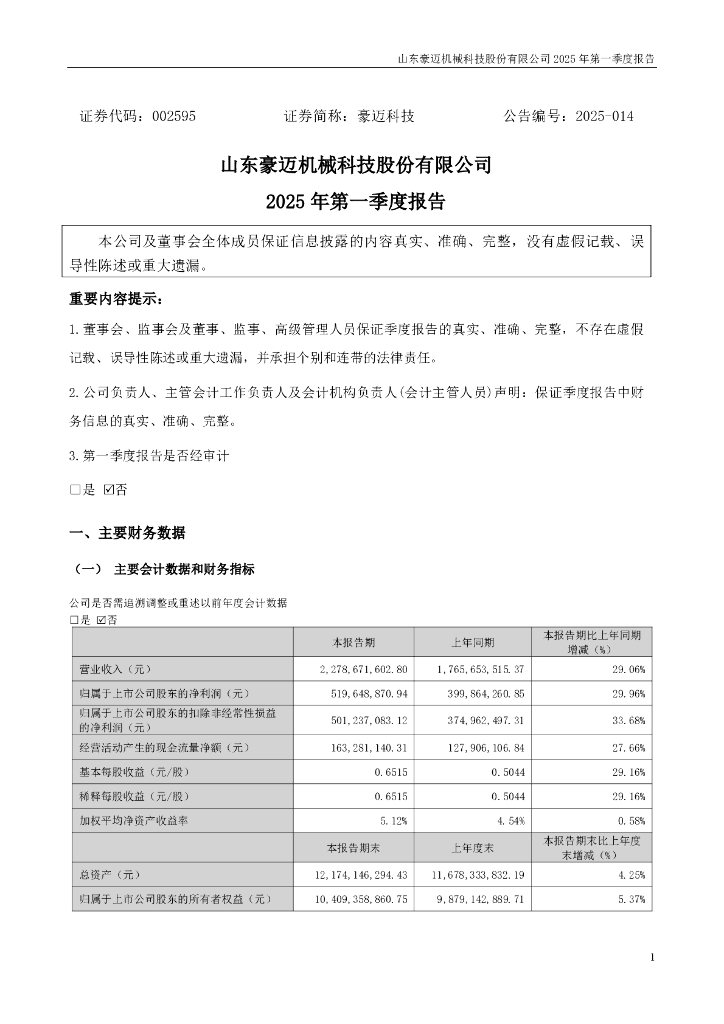 002595-豪迈科技：2025年一季度报告