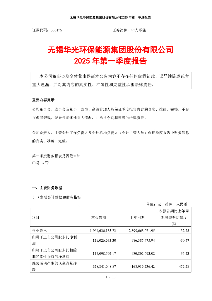 600475-华光环能：无锡华光环保能源集团股份有限公司2025年第一季度报告