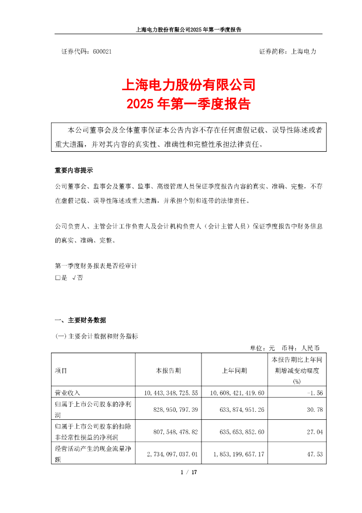 600021-上海电力：上海电力股份有限公司2025年第一季度报告