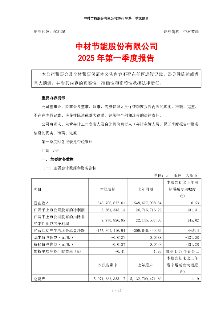 603126-中材节能：中材节能股份有限公司2025年第一季度报告
