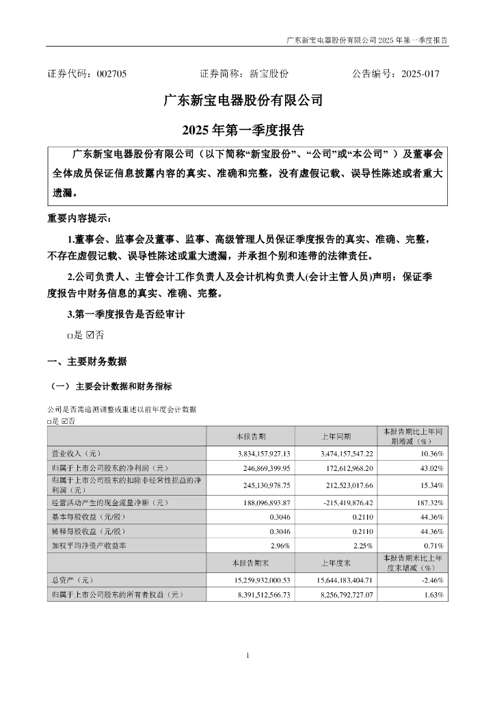 002705-新宝股份：2025年一季度报告