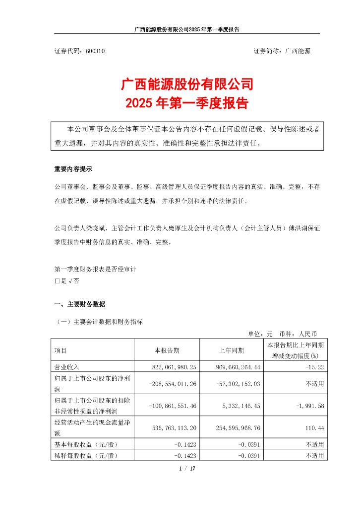 600310-广西能源：广西能源股份有限公司2025年第一季度报告