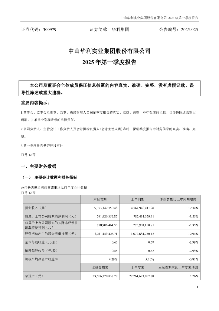300979-华利集团：2025年一季度报告