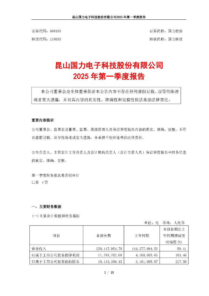 118035-国力股份：昆山国力电子科技股份有限公司2025年第一季度报告