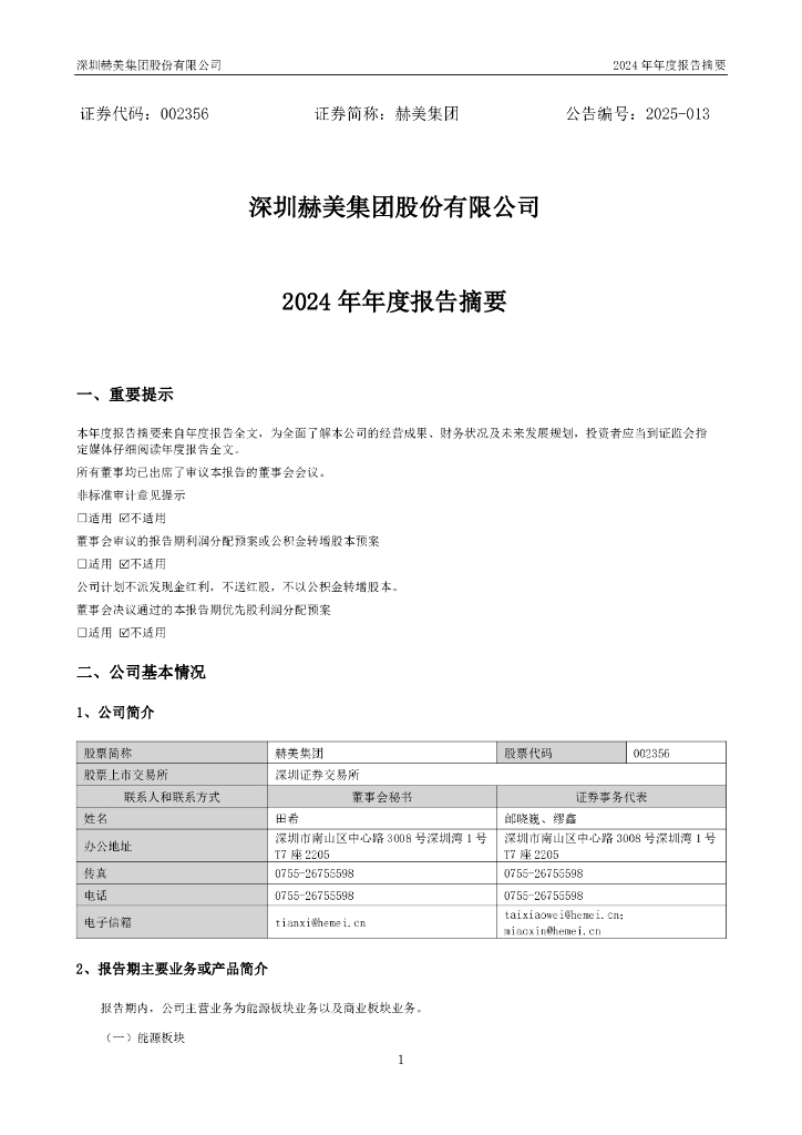 002356-赫美集团：2024年年度报告摘要