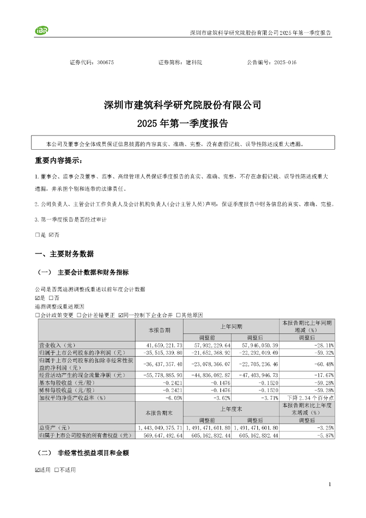 300675-建科院：2025年一季度报告