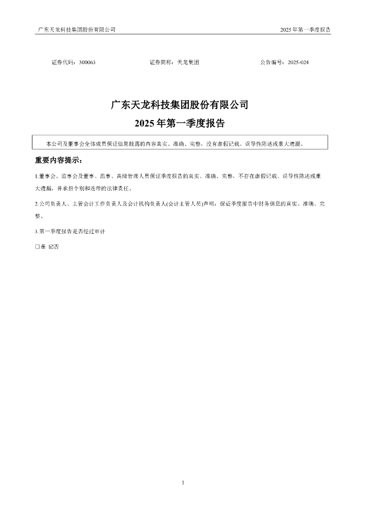 300063-天龙集团：2025年一季度报告