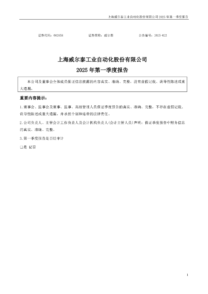 002058-威尔泰：2025年一季度报告