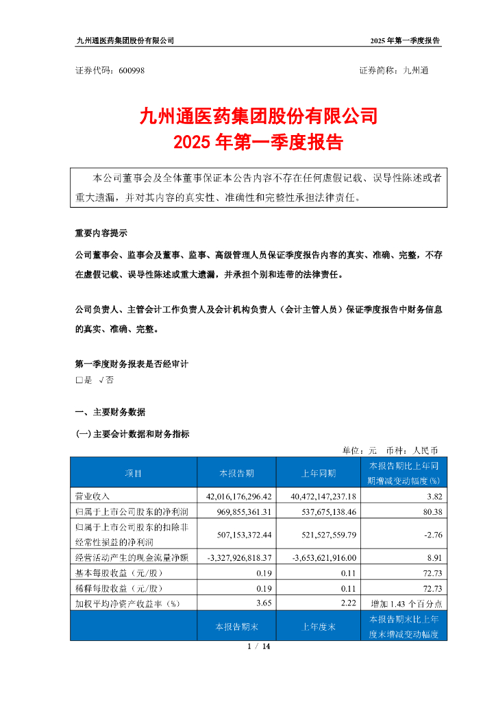 600998-九州通：九州通2025年第一季度报告