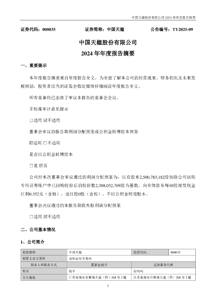 000035-中国天楹：2024年年度报告摘要