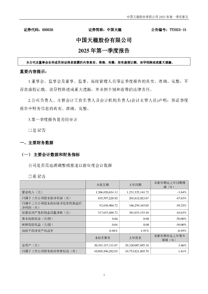000035-中国天楹：2025年一季度报告