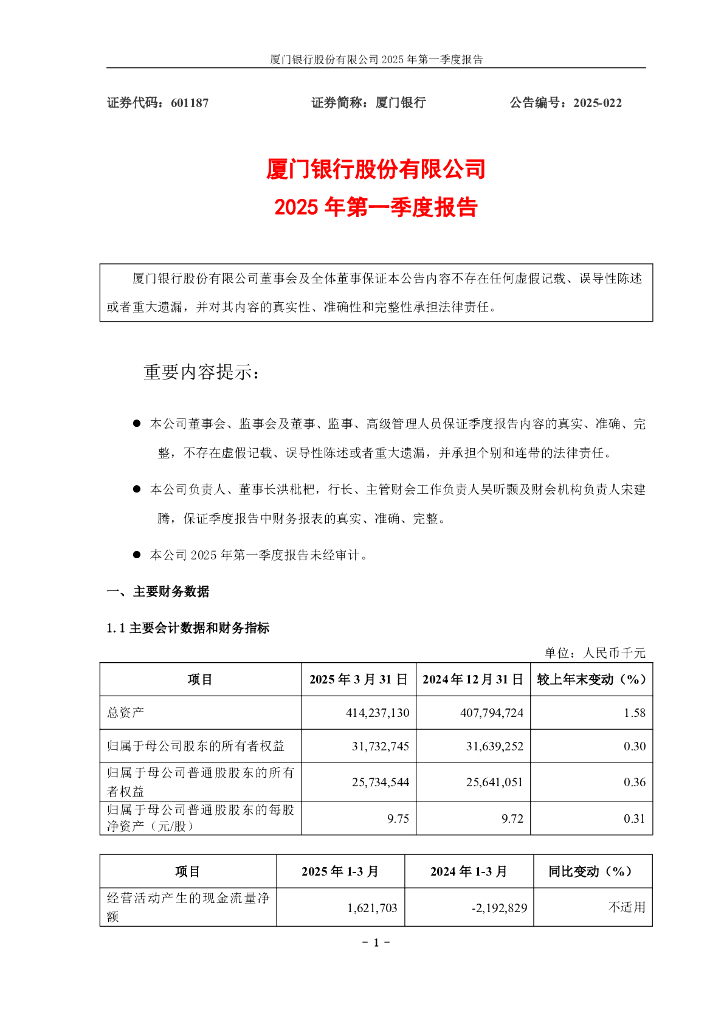 601187-厦门银行：厦门银行股份有限公司2025年第一季度报告
