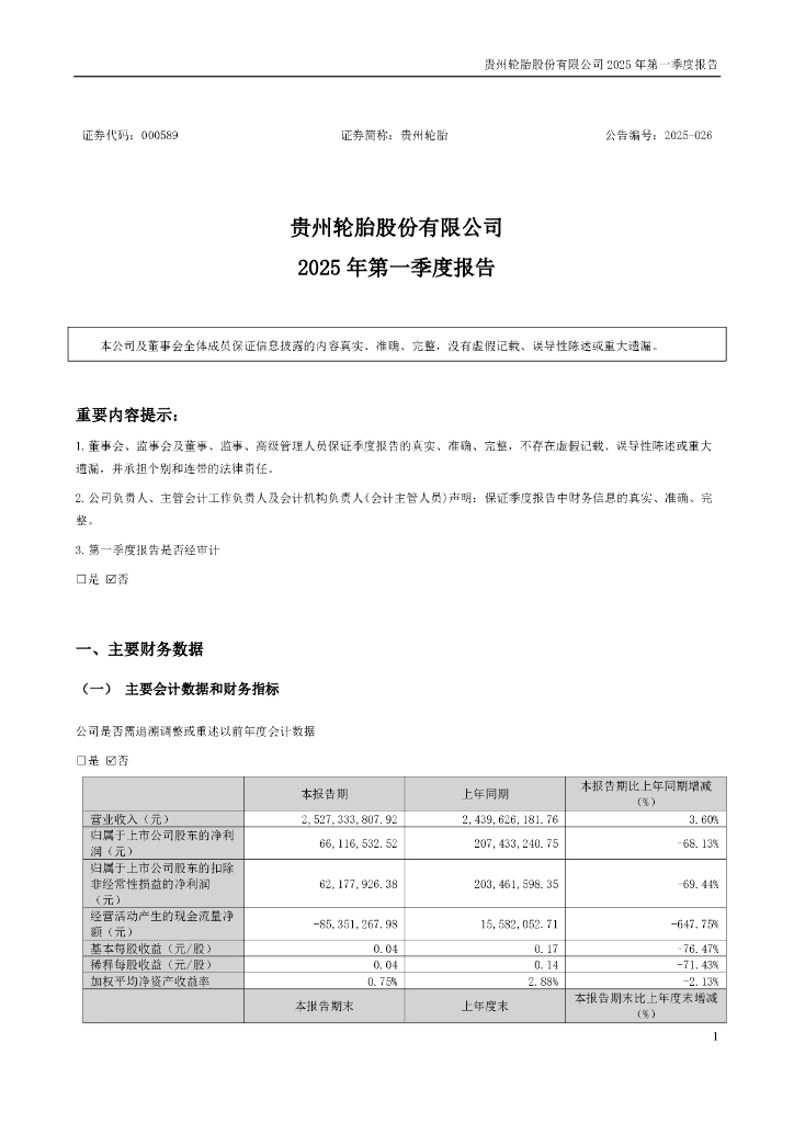 000589-贵州轮胎：2025年一季度报告