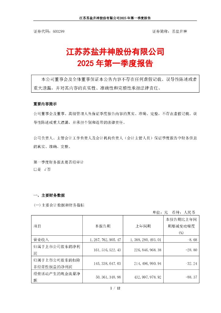 603299-苏盐井神：江苏苏盐井神股份有限公司2025年第一季度报告