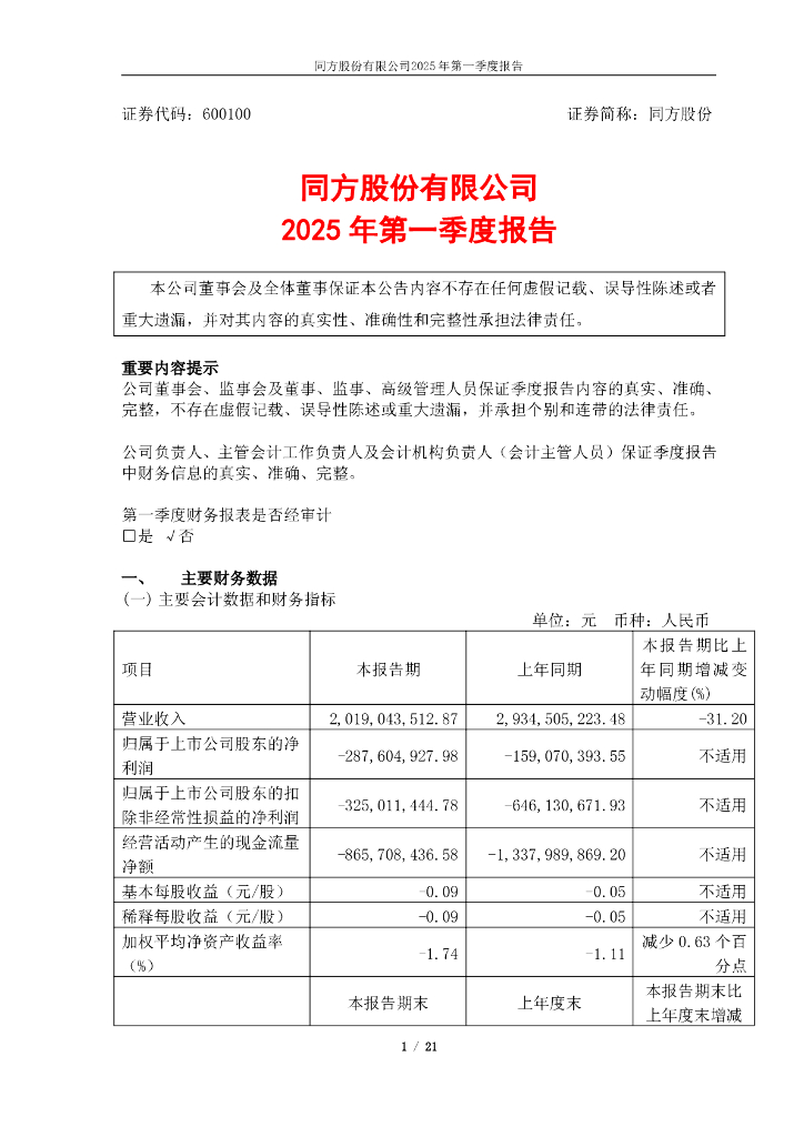 600100-同方股份：同方股份有限公司2025年第一季度报告