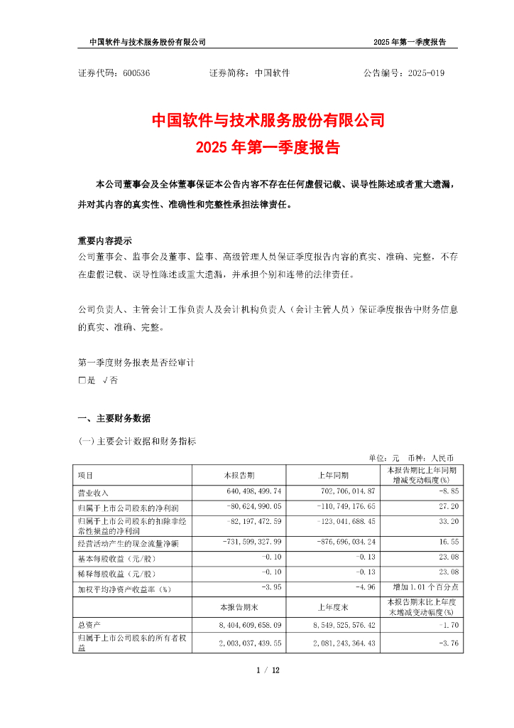 600536-中国软件：中国软件2025年一季度报告