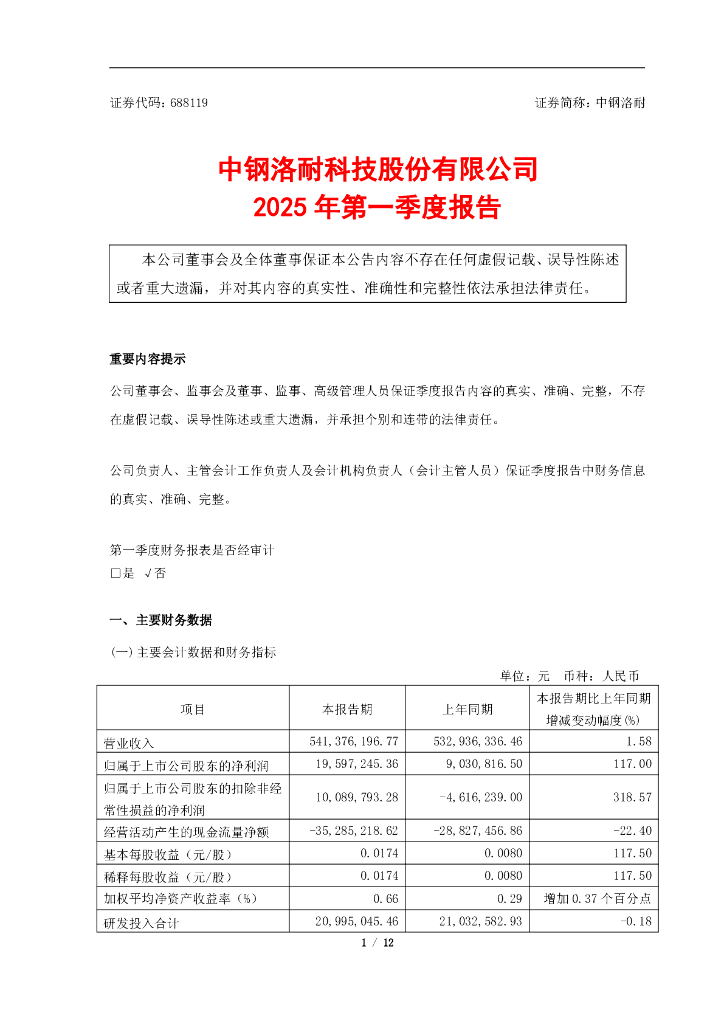688119-中钢洛耐：中钢洛耐2025年第一季度报告