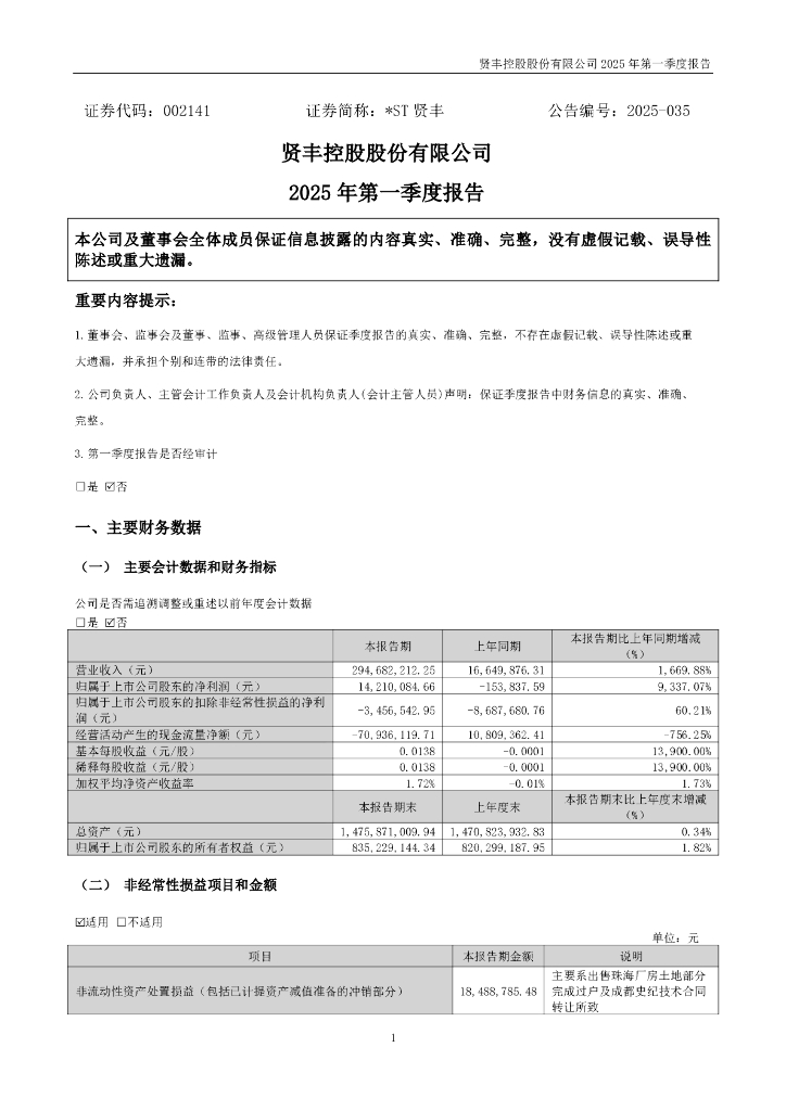 002141-*ST贤丰：2025年一季度报告
