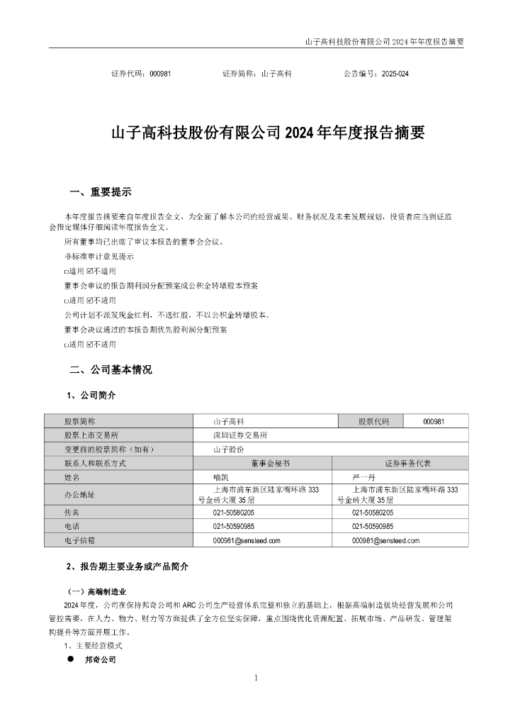 000981-山子高科：2024年年度报告摘要