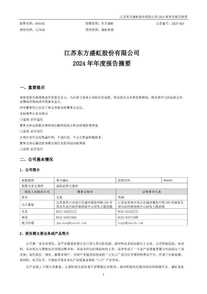 000301-东方盛虹：2024年年度报告摘要