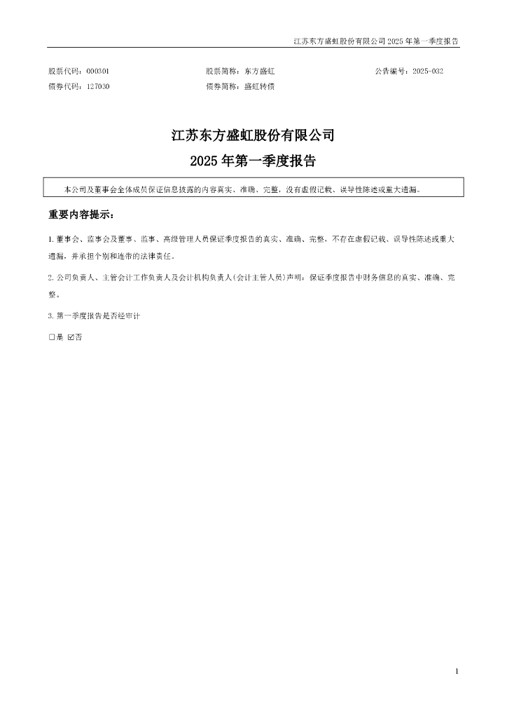 000301-东方盛虹：2025年一季度报告
