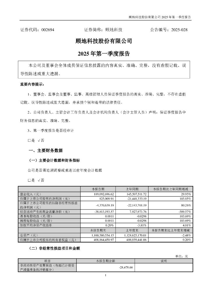 002694-顾地科技：2025年一季度报告