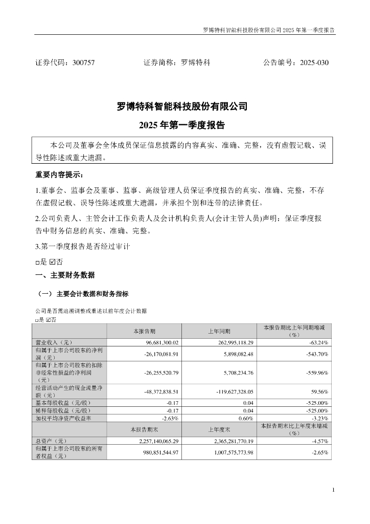 300757-罗博特科：2025年一季度报告