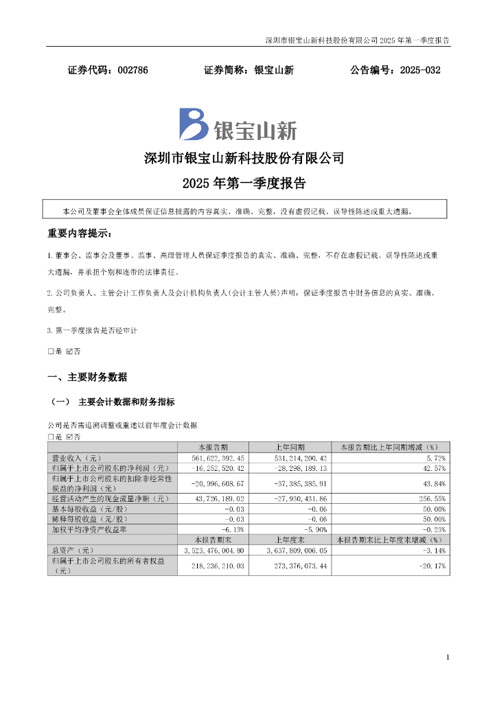 002786-银宝山新：2025年一季度报告