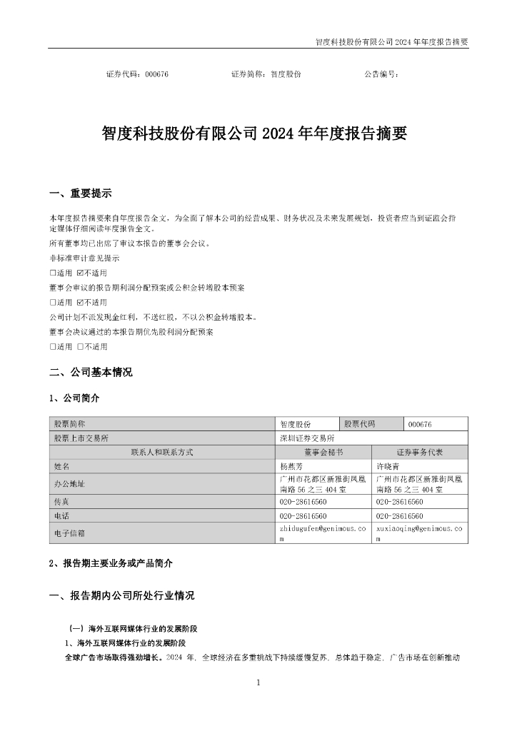 000676-智度股份：2024年年度报告摘要