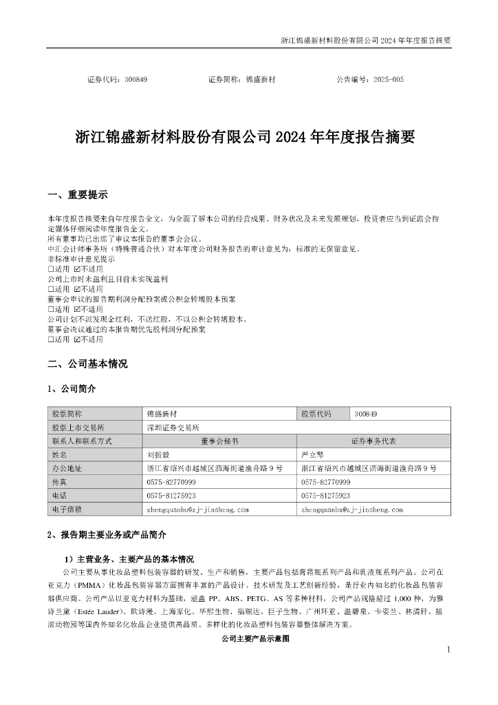 300849-锦盛新材：2024年年度报告摘要