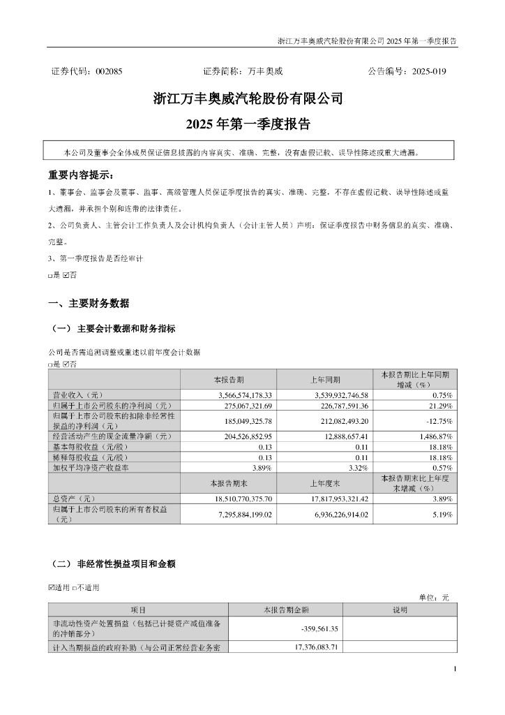 002085-万丰奥威：2025年一季度报告
