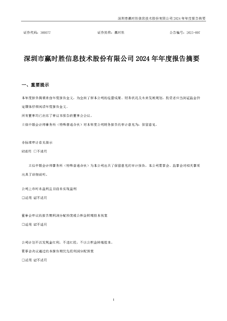 300377-赢时胜：2024年年度报告摘要