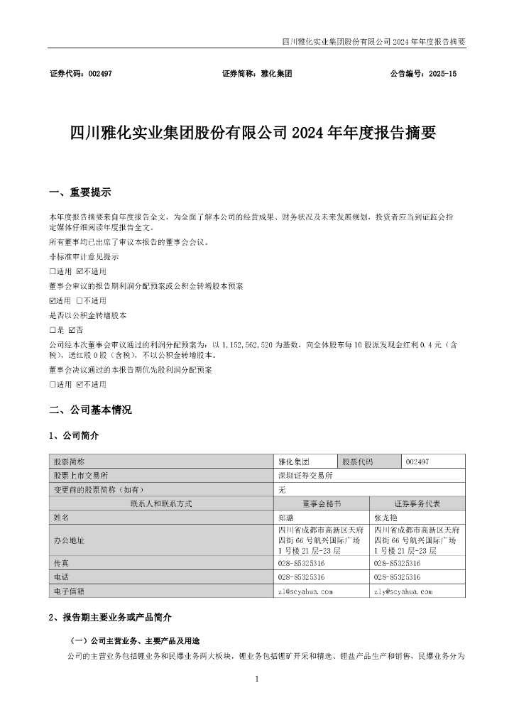 002497-雅化集团：2024年年度报告摘要