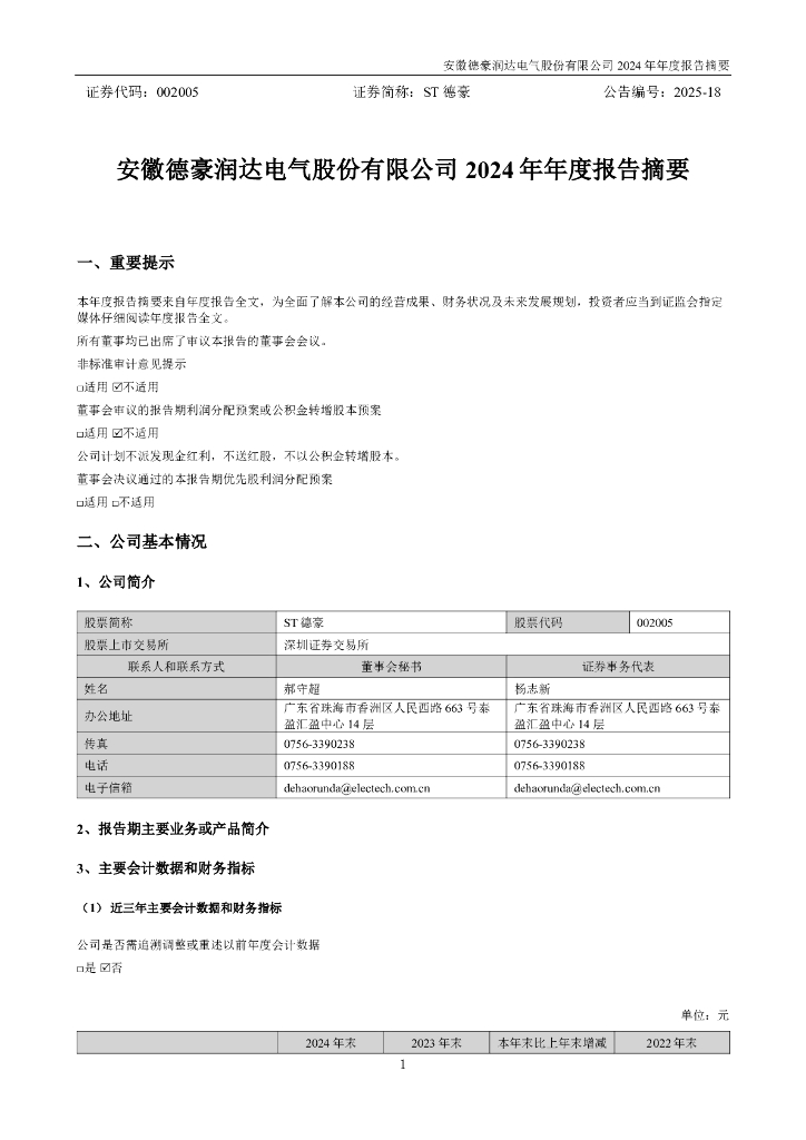 002005-ST德豪：2024年年度报告摘要