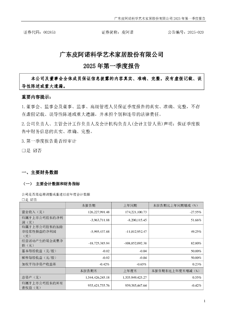 002853-皮阿诺：2025年一季度报告