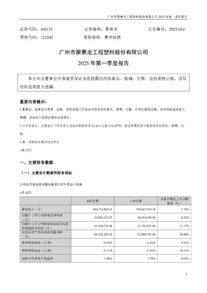 123242-聚赛龙：2025年一季度报告