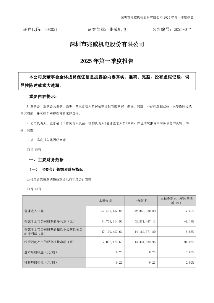 003021-兆威机电：2025年一季度报告