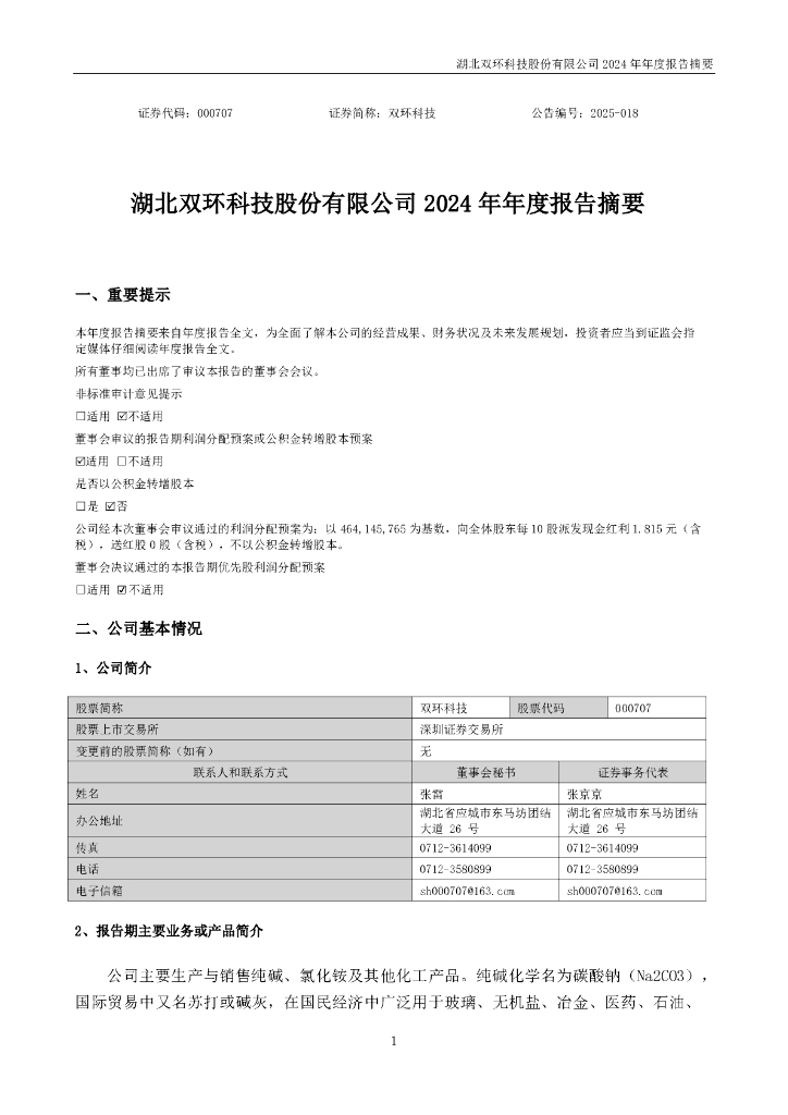 000707-双环科技：2024年年度报告摘要