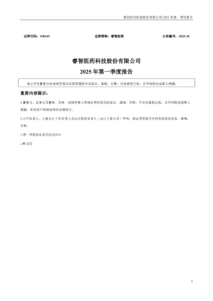300149-睿智医药：2025年一季度报告
