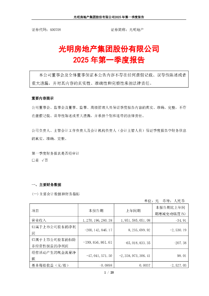 600708-光明地产：光明地产2025第一季度报告
