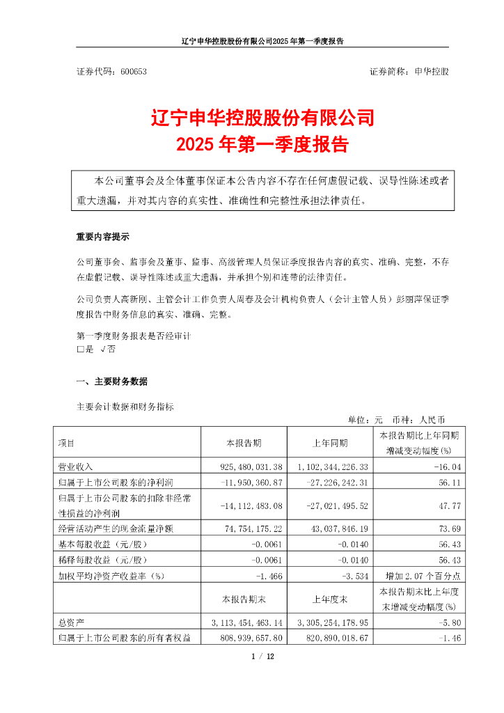600653-申华控股：申华控股2025年第一季度报告