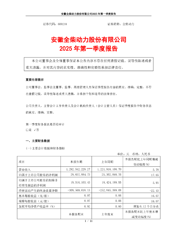 600218-全柴动力：全柴动力2025年第一季度报告