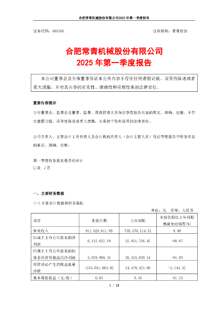 603768-常青股份：常青股份2025年第一季度报告