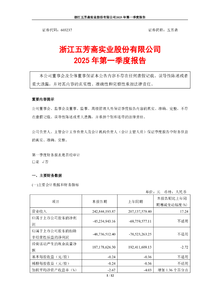 603237-五芳斋：浙江五芳斋实业股份有限公司2025年第一季度报告